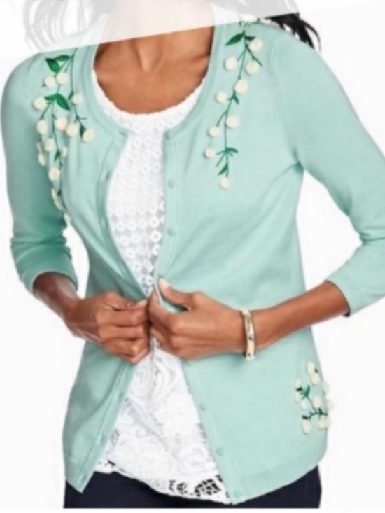 Talbots Sweaters - Talbots Mint Green Pom Pom Embroidered Floral Cardigan